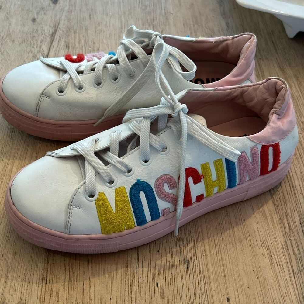 Moschino white pink colorful leather sneakers with tufted branding kids youth 5 - Picture 1 of 7